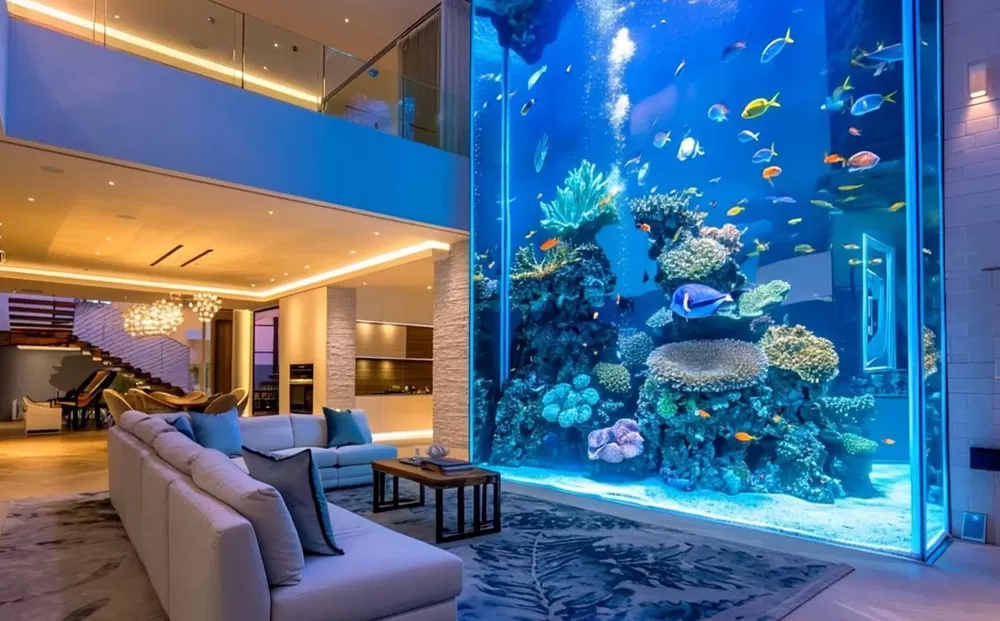 A large embedded acrylic seawater fish tank with a high ceiling in the villa