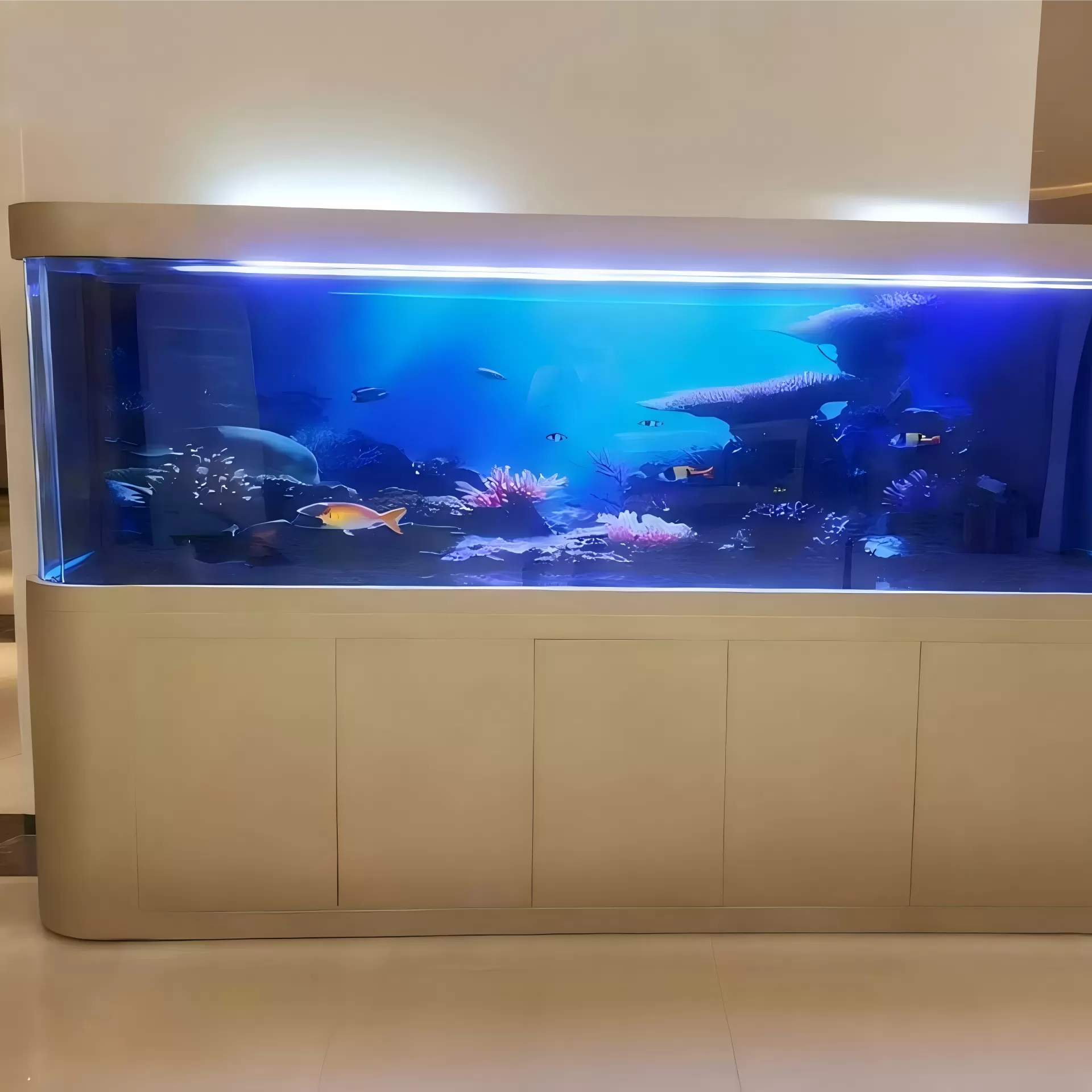 Customized long floor-standing arc-shaped ocean-shaped fish tank with four corners