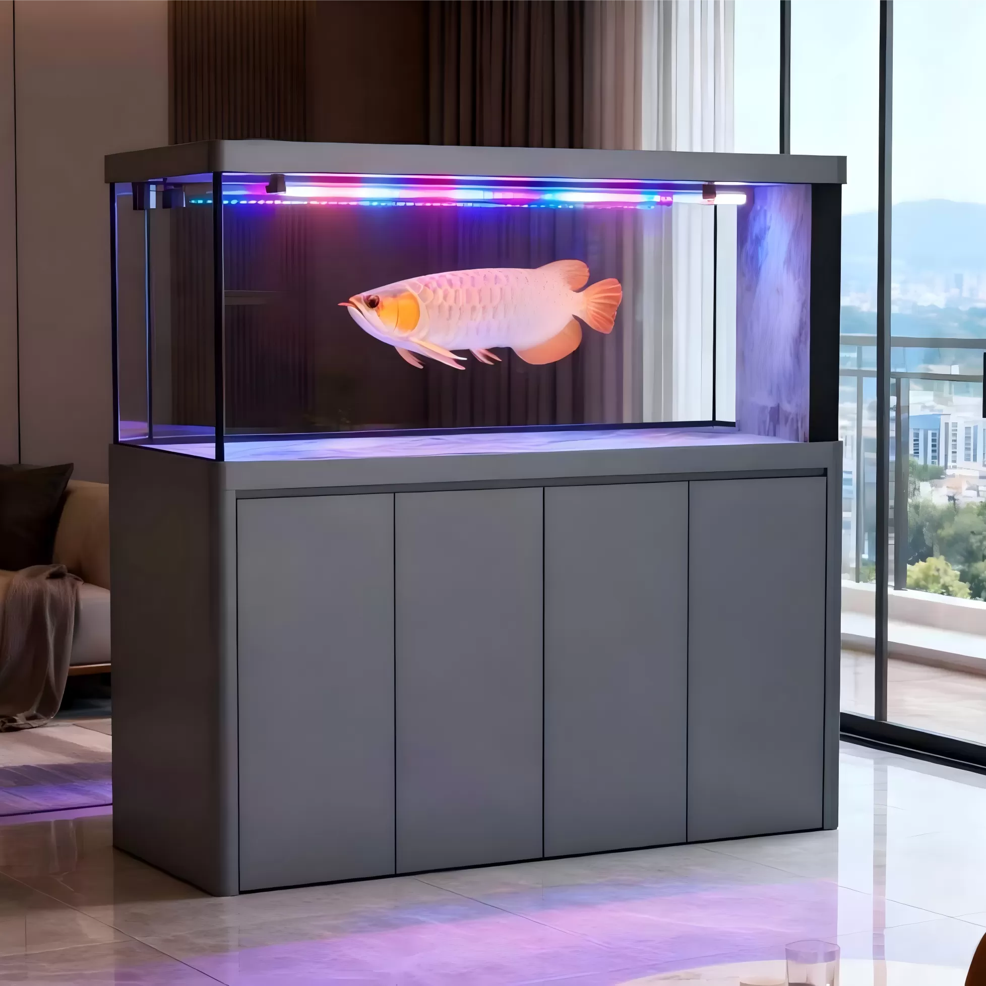 Custom-made large household dragon fish tank with a grey minimalist four-door base cabinet