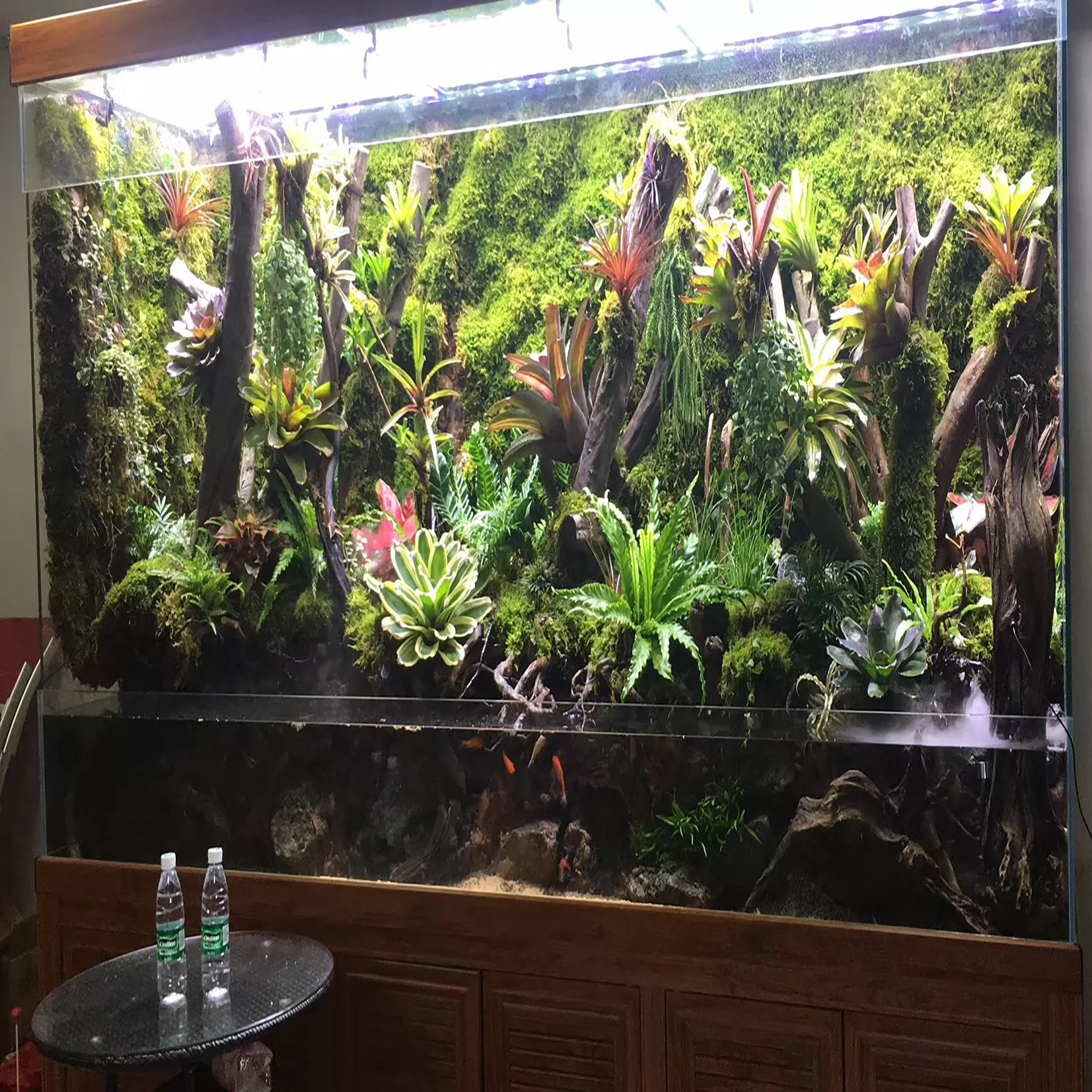 Custom-made double-layer water and land dry wood rain landscape fish tank with solid wood base cabinet