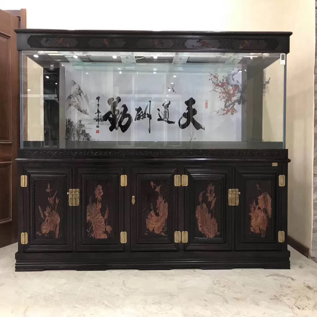 Custom-made black ebony solid wood five-door ink-wash ornamental fish tank: 