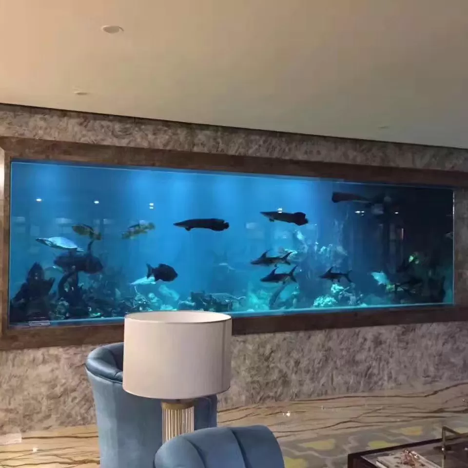 Custom-made large home ornamental fish tank with marble wall bread frame and three-layer integrated structure