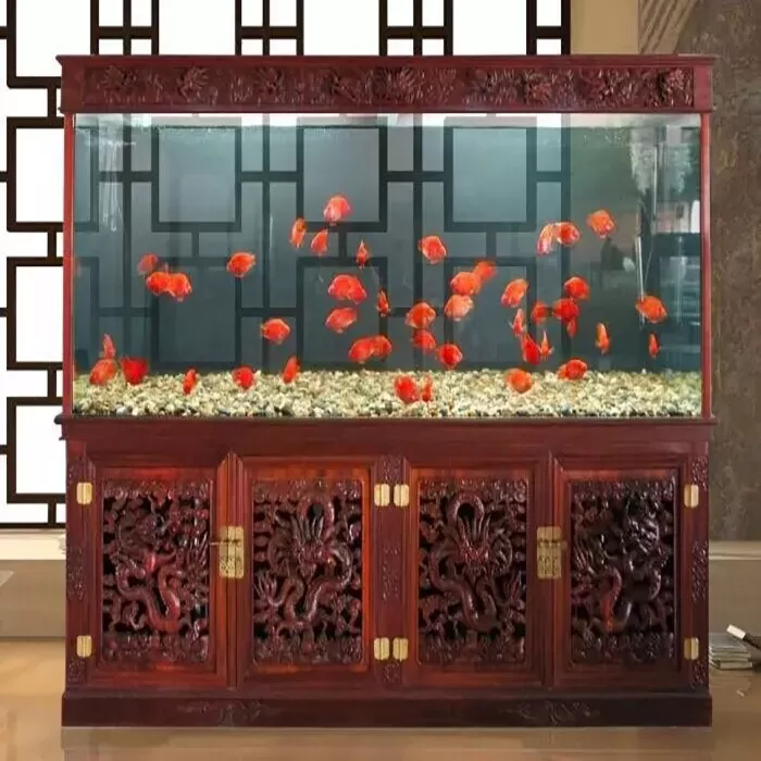 Custom-made four-door Chinese household ornamental fish tank with hollowed-out dragon patterns made of solid wood