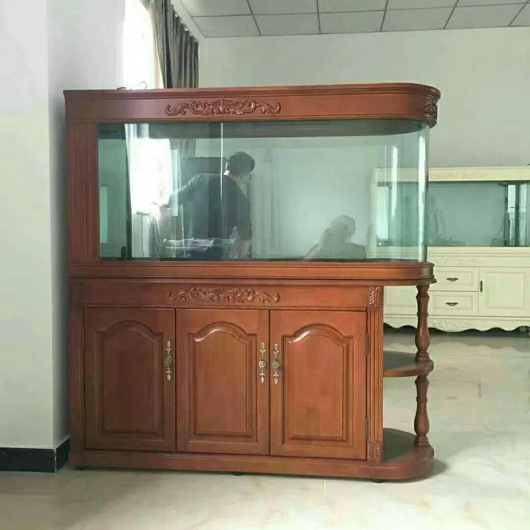 Customized European-style arc-shaped three-sided viewing and three-door solid wood ornamental fish tank
