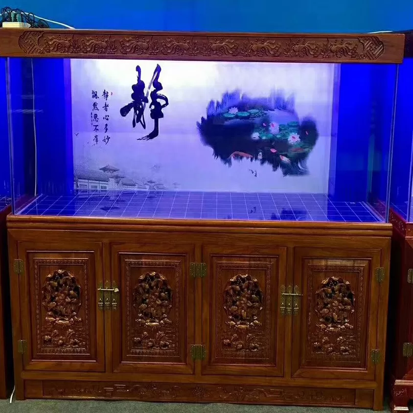 Customized four-door Chinese ink-wash background ornamental fish tank with peony carvings on solid wood