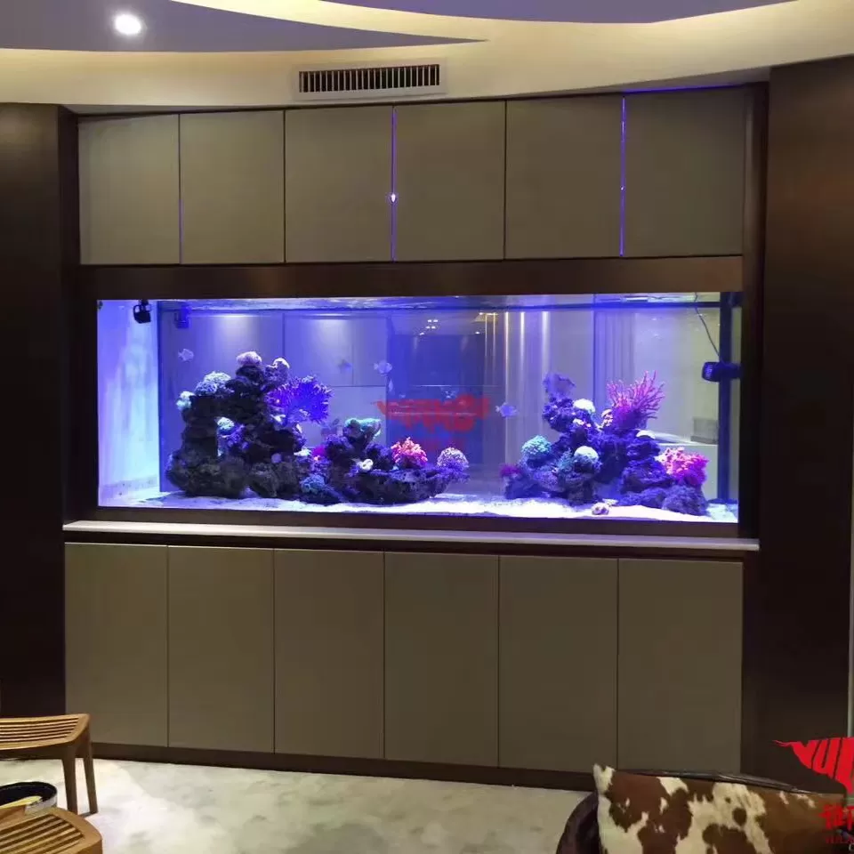 Customized three-layer integrated embedded seawater home fish tank with gray and brown color contrast