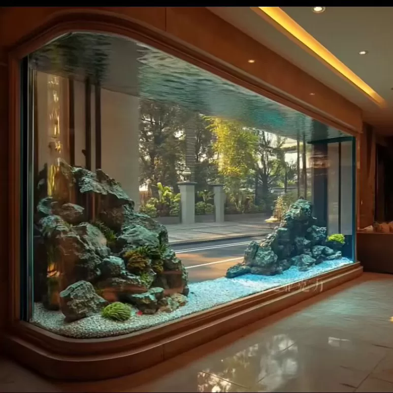 Customized large acrylic landscape fish tanks with arc-shaped wooden frames embedded