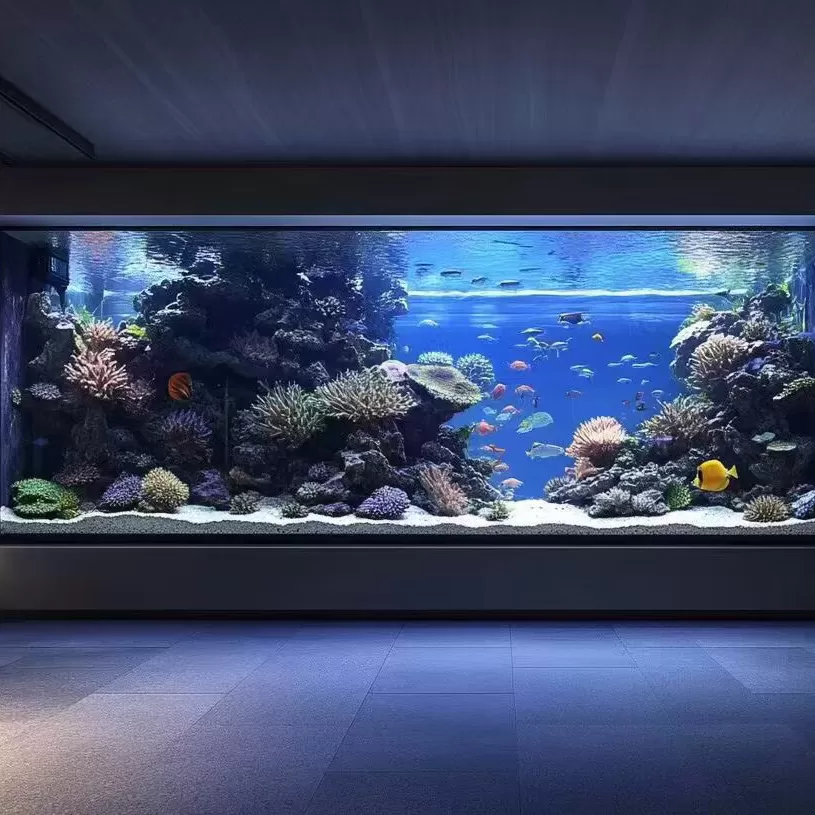 Custom-made large acrylic seawater landscape fish tanks with simple floor-standing base cabinets