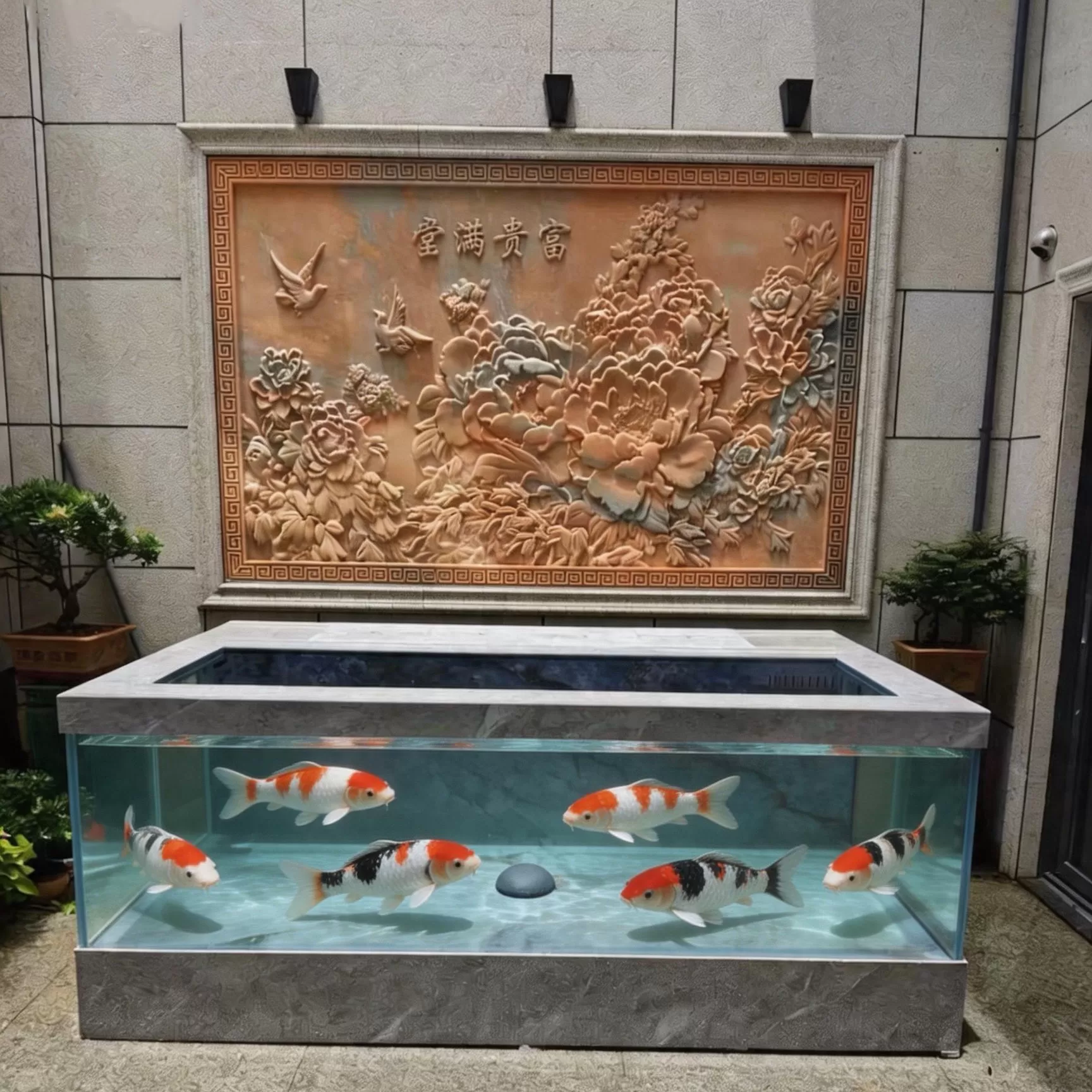 Customized marble slab floor-standing courtyard koi fish ornamental fish tank