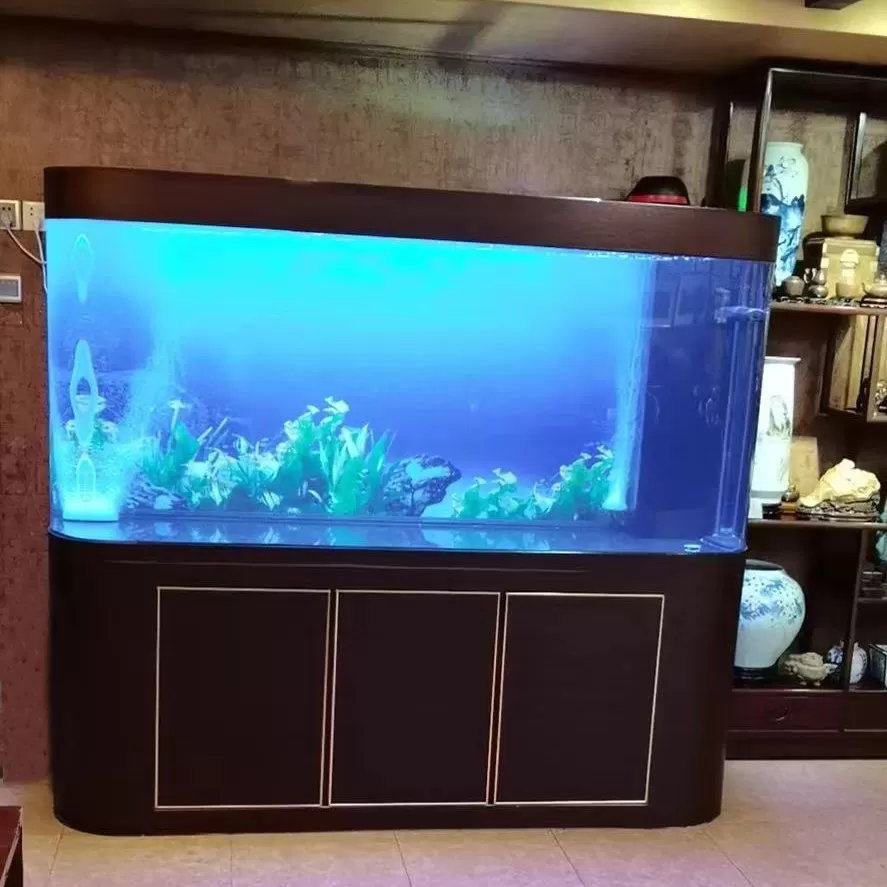 Custom-made household irregular-shaped ornamental fish tanks with double-curved gold-edge base cabinets