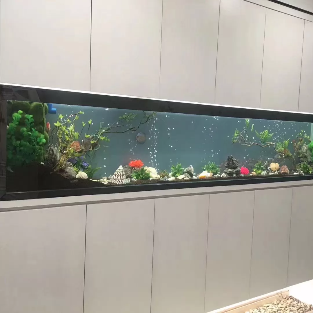 Customized light gray cabinet three-layer integrated embedded long aquatic plant home fish tank