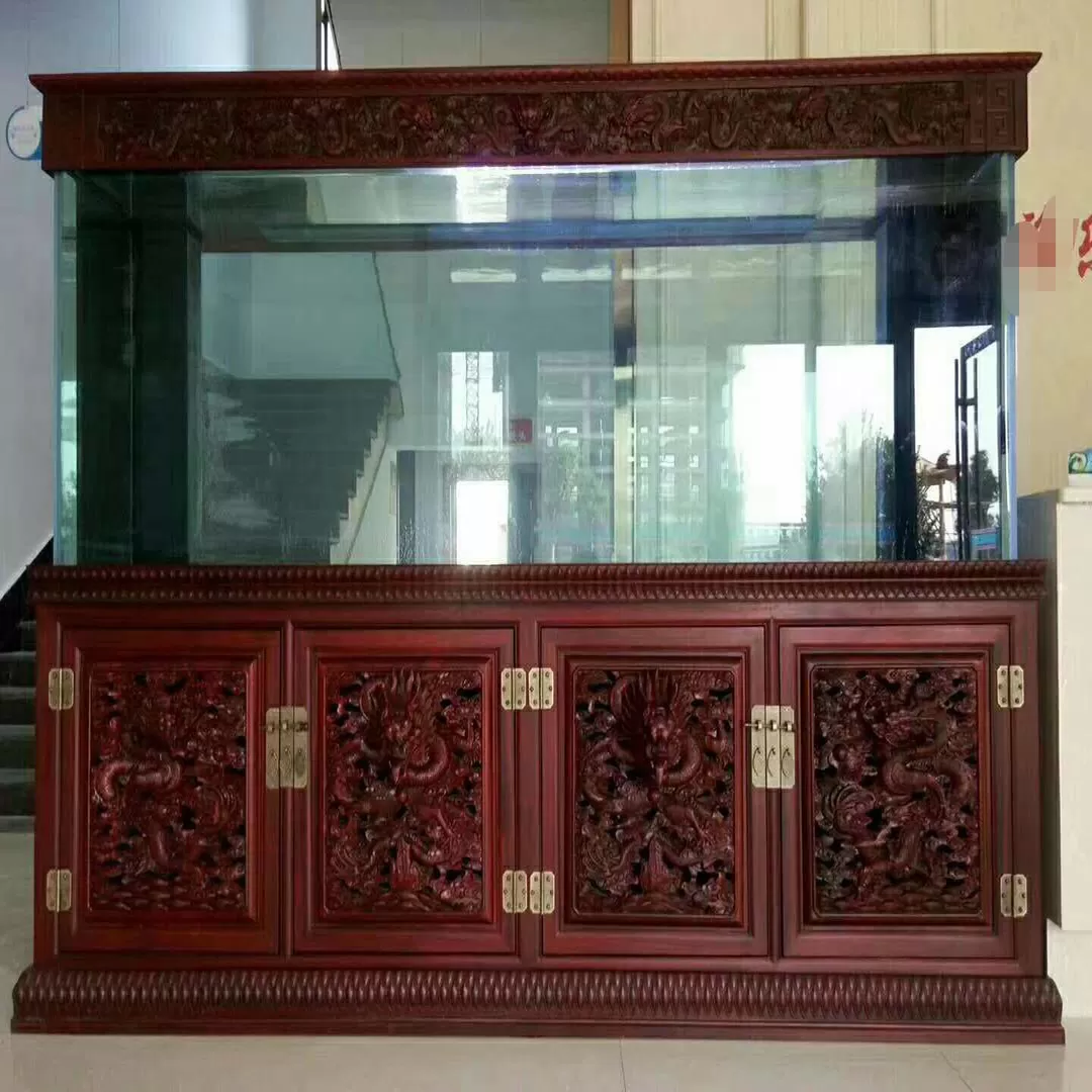 Custom-made large Chinese-style ornamental fish tanks with deep carved dragon patterns and four doors made of solid wood