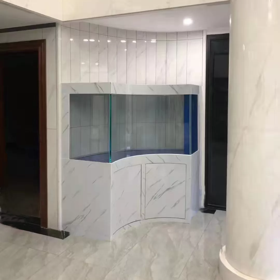 Customized corner arc-shaped marble cabinet with embedded irregular-shaped fish tanks