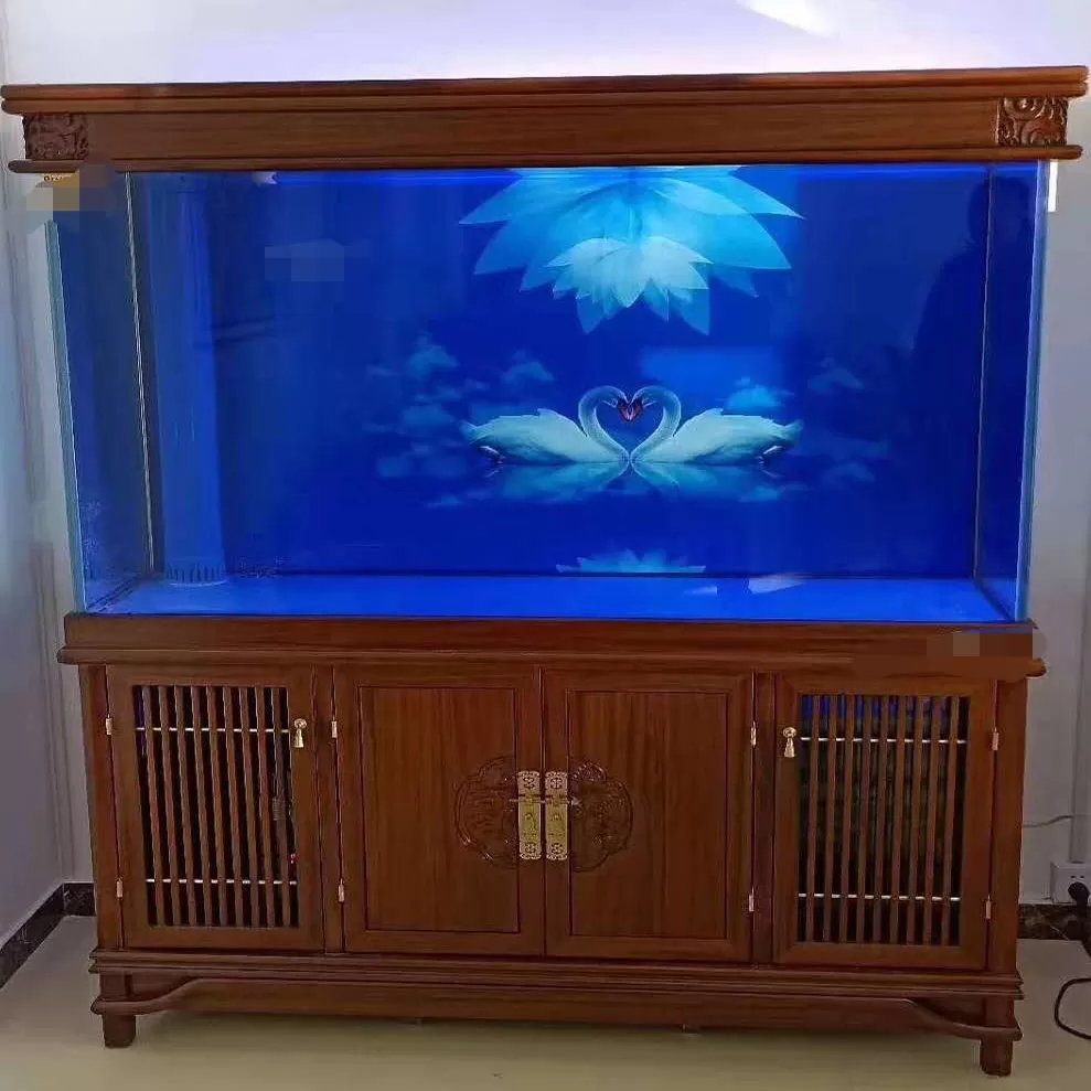 Customized four-door solid wood fish tank with ventilation louvers and a background of swan and lotus flowers