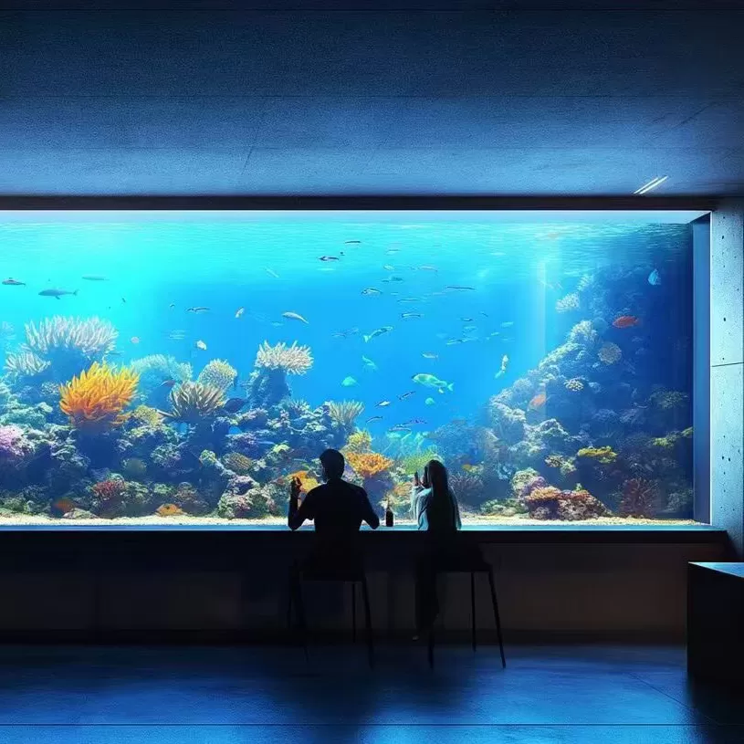 Customized large embedded acrylic ornamental fish tank with integrated bar counter