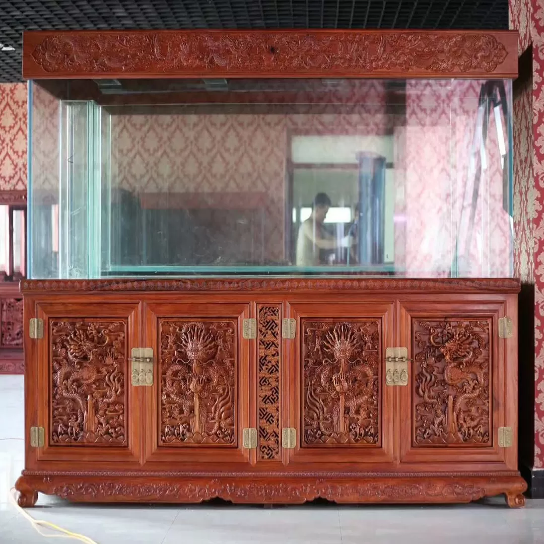 Custom-made solid wood fish tanks with deep carved dragon patterns on four doors and hollow compartments
