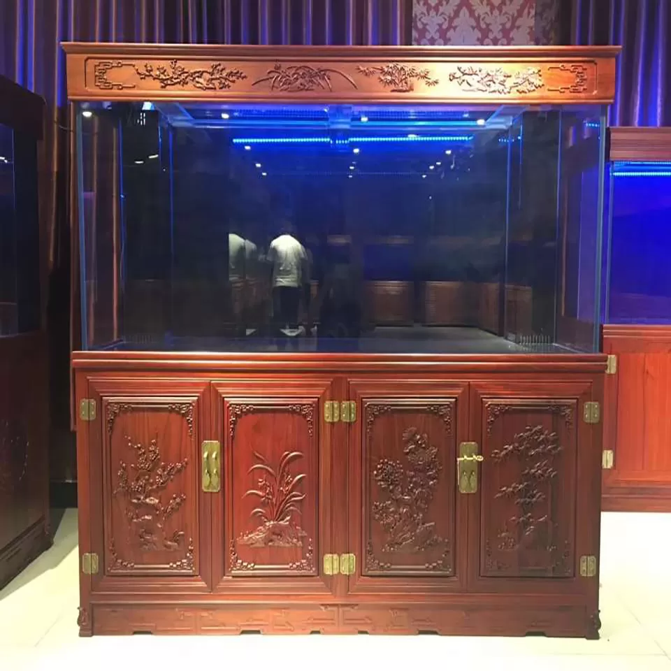 Custom-made four-door Chinese solid wood ornamental fish tanks with reliefs of plum, orchid, bamboo and chrysanthemum