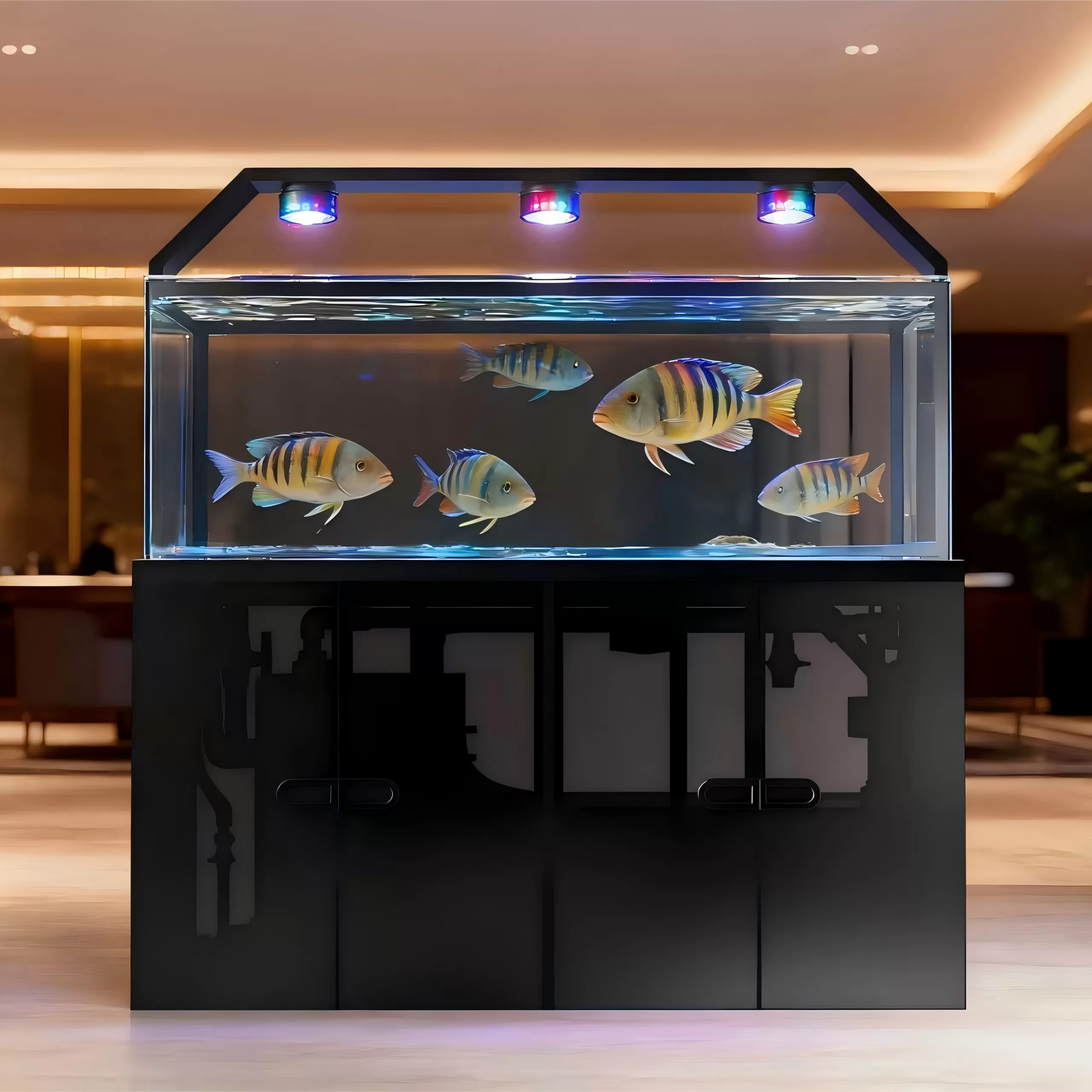 Customized large ornamental fish tanks with color light ceiling lamps and closed cabinets
