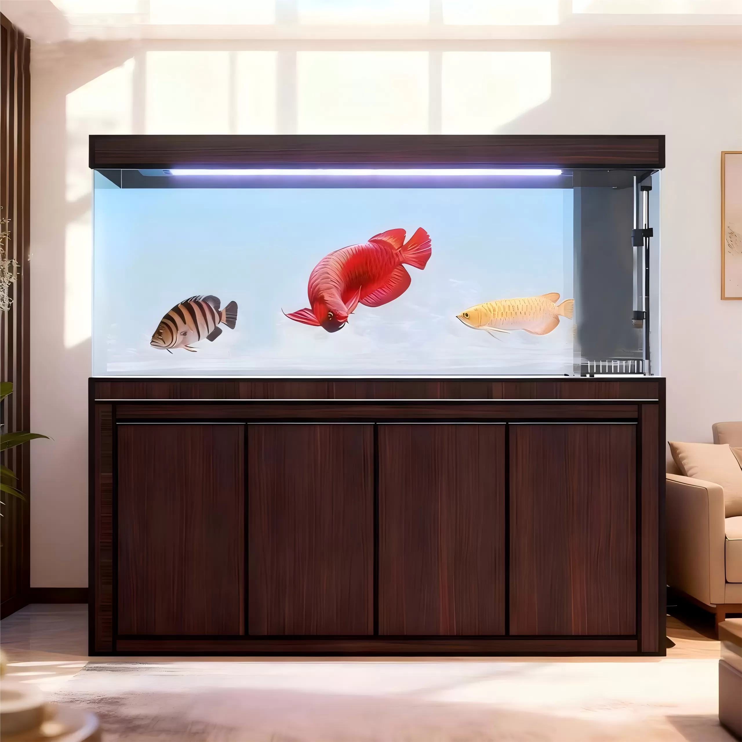 Custom-made medium and large-sized arowana ornamental fish tanks with dark wood-colored cabinet body side filters