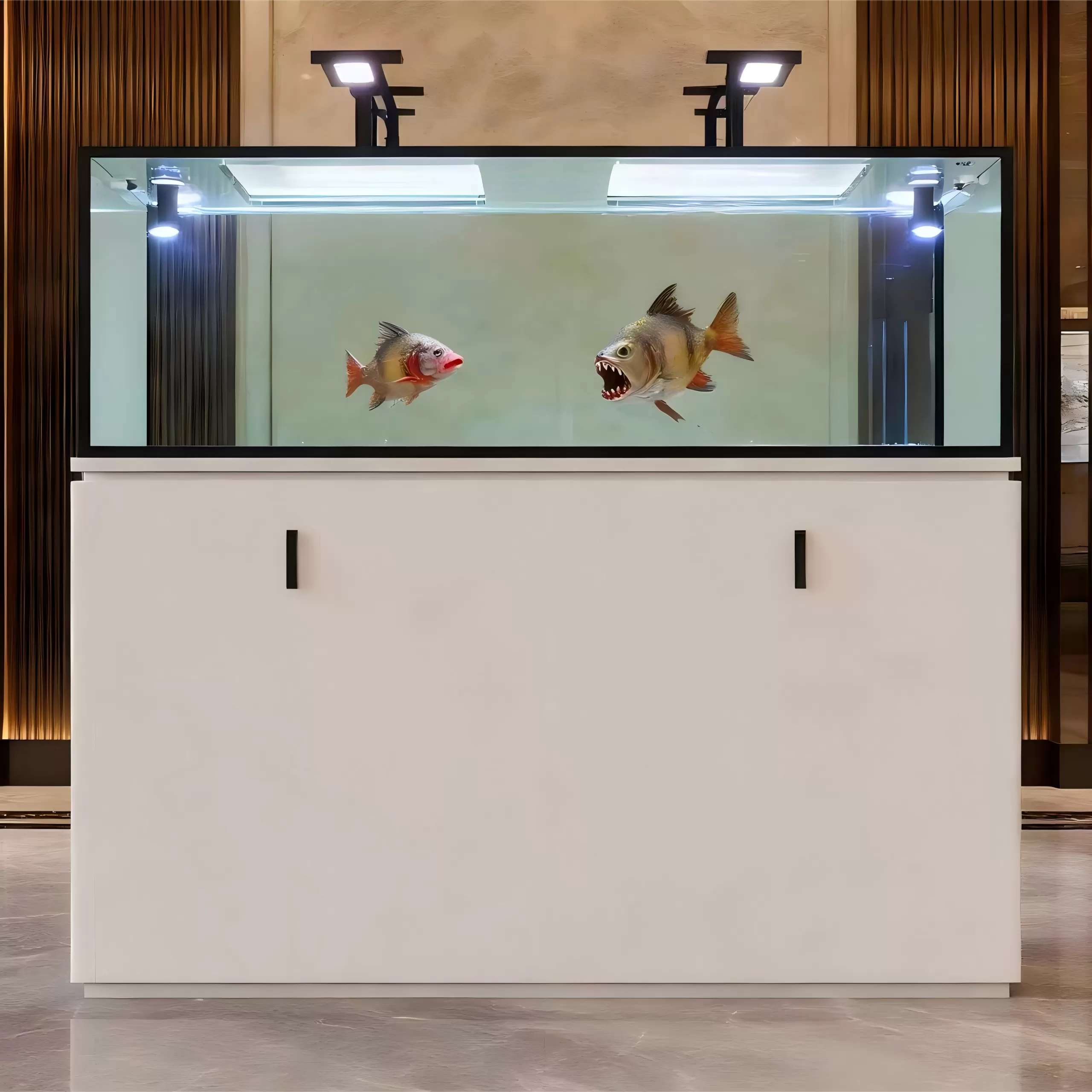 Custom-made large ornamental fish tanks with simple white cabinet body and ceiling lights