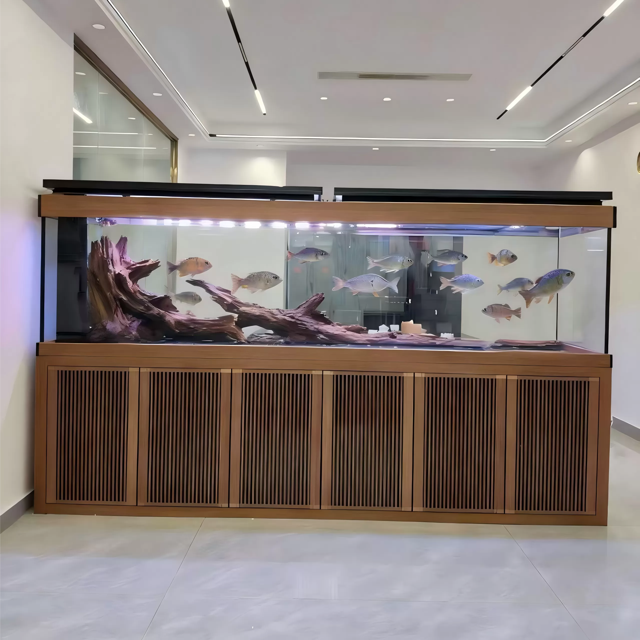 Custom-made large driftwood ornamental fish tanks with wooden louver cabinet doors