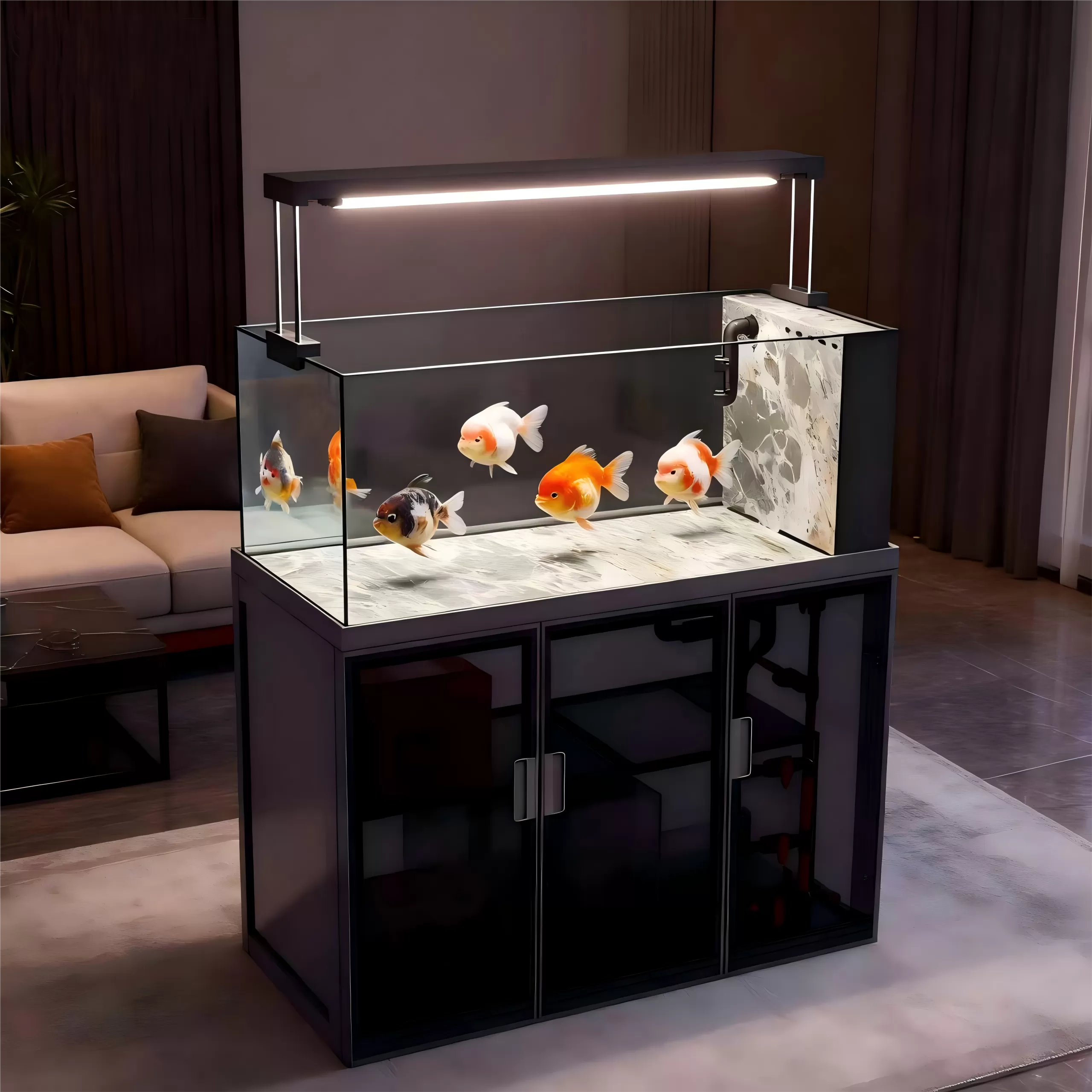 Customized medium and large-sized fish tanks for goldfish viewing on the side of the rock plate countertop